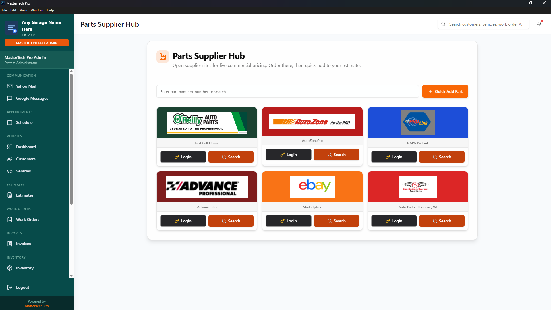 Parts hub inventory and ordering