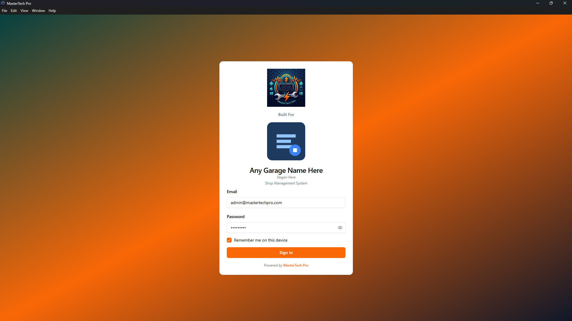 Sign-in screen for the auto shop CRM template