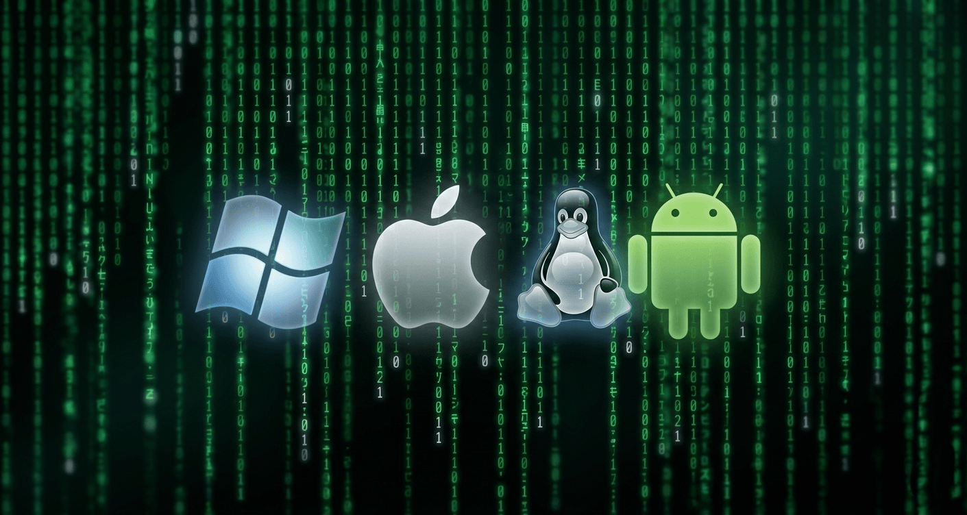 Windows, Apple, Linux, and Android on a Matrix-style digital background