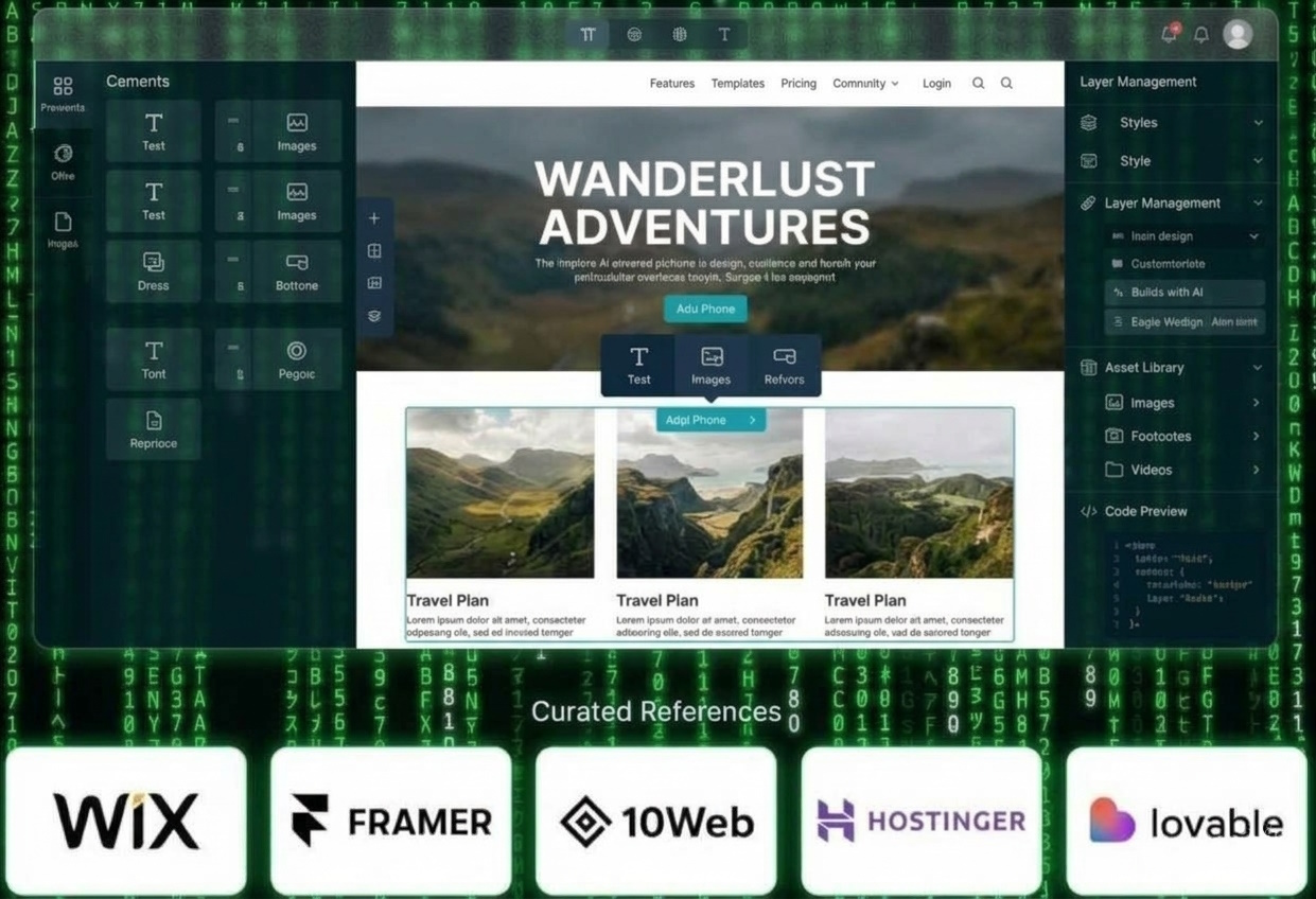 Visual website builder interface: a template canvas with element controls, a layer management panel, and curated references to leading website platforms.