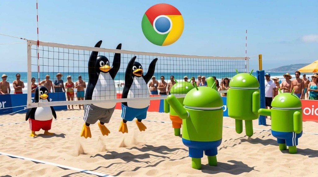 Illustration: Linux Tux and Android mascots playing beach volleyball; Chrome logo as ball.