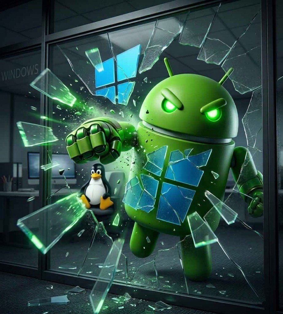 Illustration: Android mascot breaking through glass toward the viewer; Windows logo on shattered glass; Linux Tux in the background office—symbolizing cross-platform technical support.